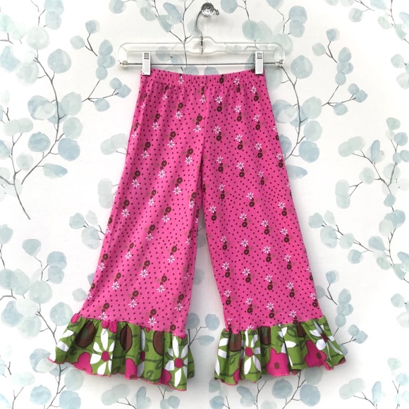 Corkys Kids Pink Green Brown White Flowers Ruffled Bottom Polka Dot Floral Pants - Picture 9 of 12